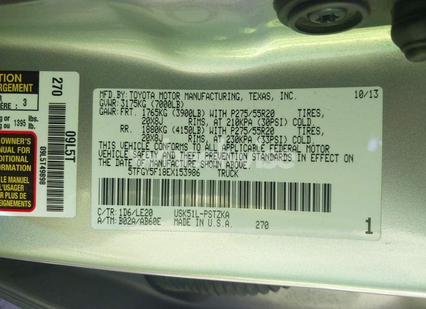 Photo 9 of 2014 Toyota Tundra PLATINUM 5.7L V8 (VIN 5TFGY5F18EX153986)