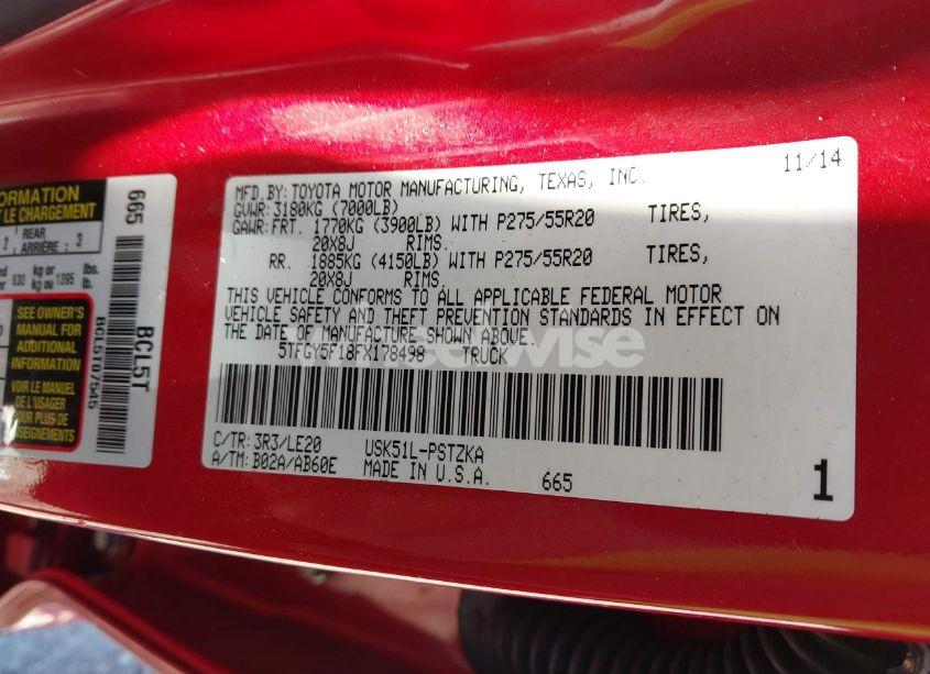 Photo 9 of 2015 Toyota Tundra CREWMAX 1794/PLATINUM (VIN 5TFGY5F18FX178498)