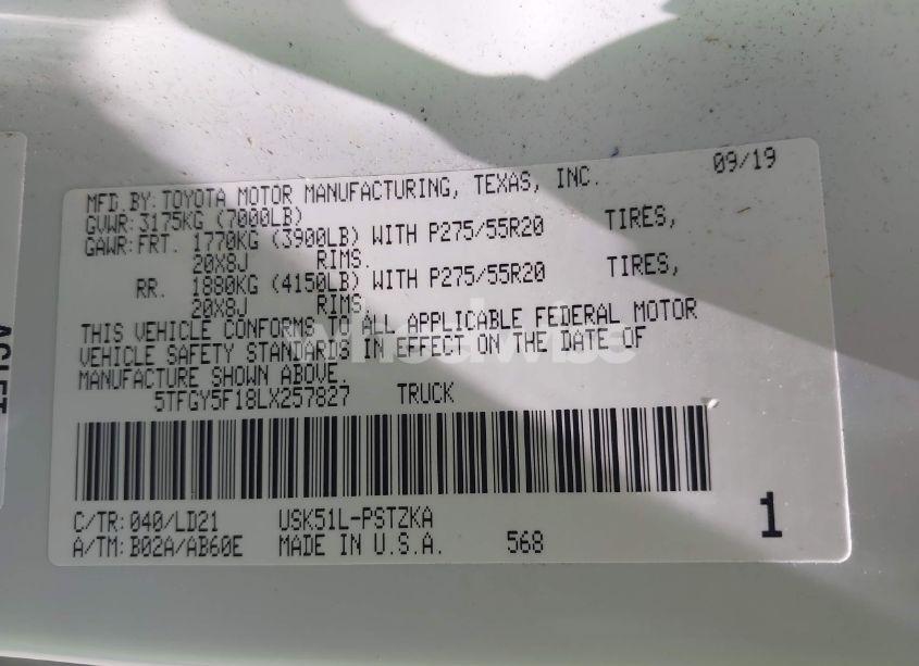 Photo 9 of 2020 Toyota Tundra 1794 EDITION (VIN 5TFGY5F18LX257827)