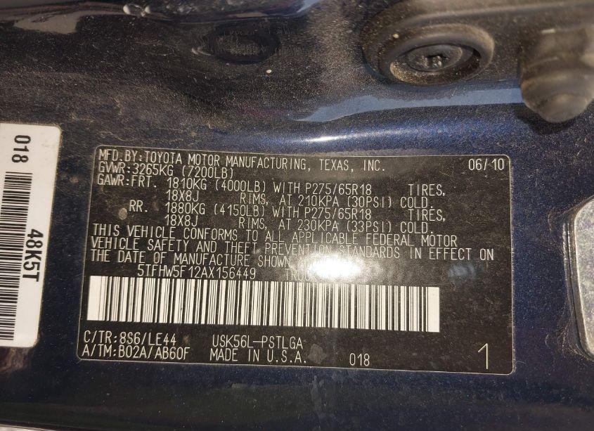 Photo 9 of 2010 Toyota Tundra LIMITED 5.7L V8 (VIN 5TFHW5F12AX156449)