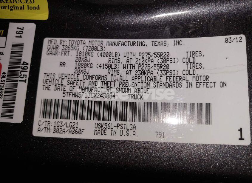 Photo 9 of 2012 Toyota Tundra LIMITED 5.7L V8 (VIN 5TFHW5F13CX243084)