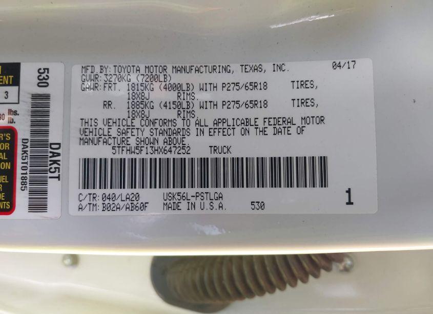 Photo 9 of 2017 Toyota Tundra LIMITED 5.7L V8 (VIN 5TFHW5F13HX647252)