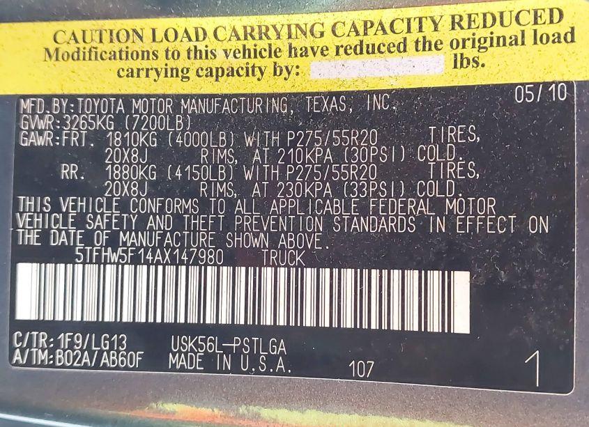 Photo 9 of 2010 Toyota Tundra CREWMAX LIMITED (VIN 5TFHW5F14AX147980)