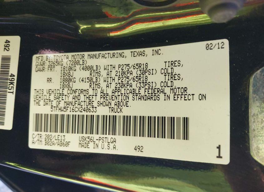 Photo 9 of 2012 Toyota Tundra LIMITED 5.7L V8 (VIN 5TFHW5F16CX240633)