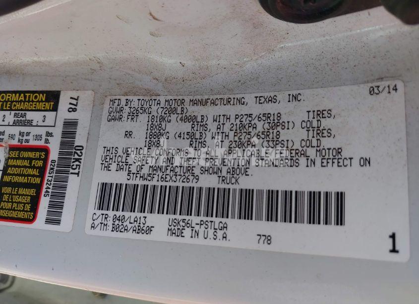 Photo 9 of 2014 Toyota Tundra LIMITED 5.7L V8 (VIN 5TFHW5F16EX372679)