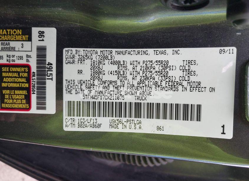 Photo 9 of 2012 Toyota Tundra LIMITED 5.7L V8 (VIN 5TFHW5F17CX211075)