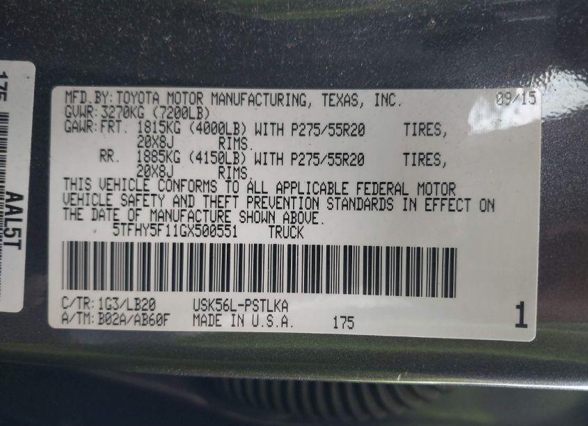 Photo 9 of 2016 Toyota Tundra LIMITED 5.7L V8 (VIN 5TFHY5F11GX500551)