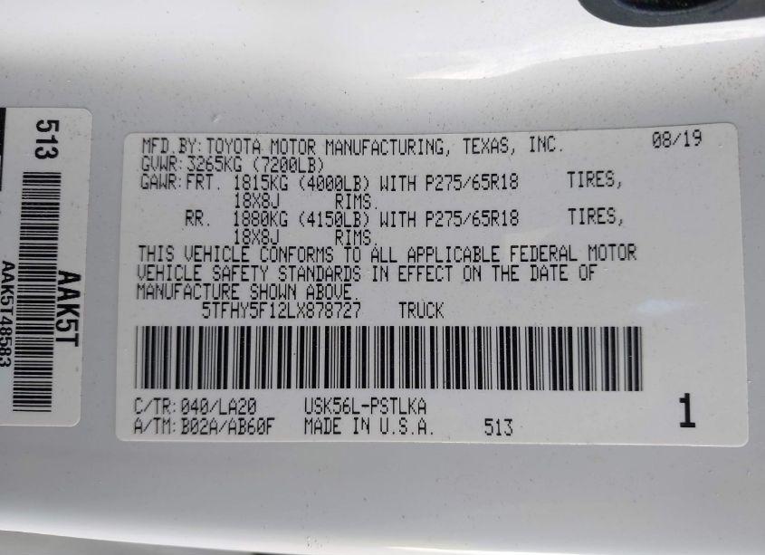 Photo 9 of 2020 Toyota Tundra LIMITED (VIN 5TFHY5F12LX878727)