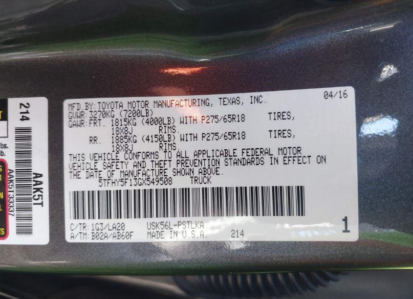 Photo 9 of 2016 Toyota Tundra LIMITED 5.7L V8 (VIN 5TFHY5F13GX549508)