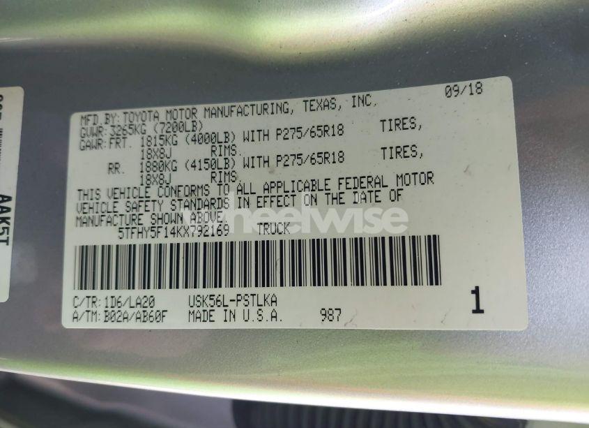 Photo 9 of 2019 Toyota Tundra LIMITED 5.7L V8 (VIN 5TFHY5F14KX792169)