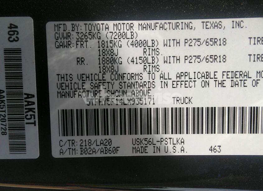 Photo 9 of 2020 Toyota Tundra LIMITED (VIN 5TFHY5F14LX935171)