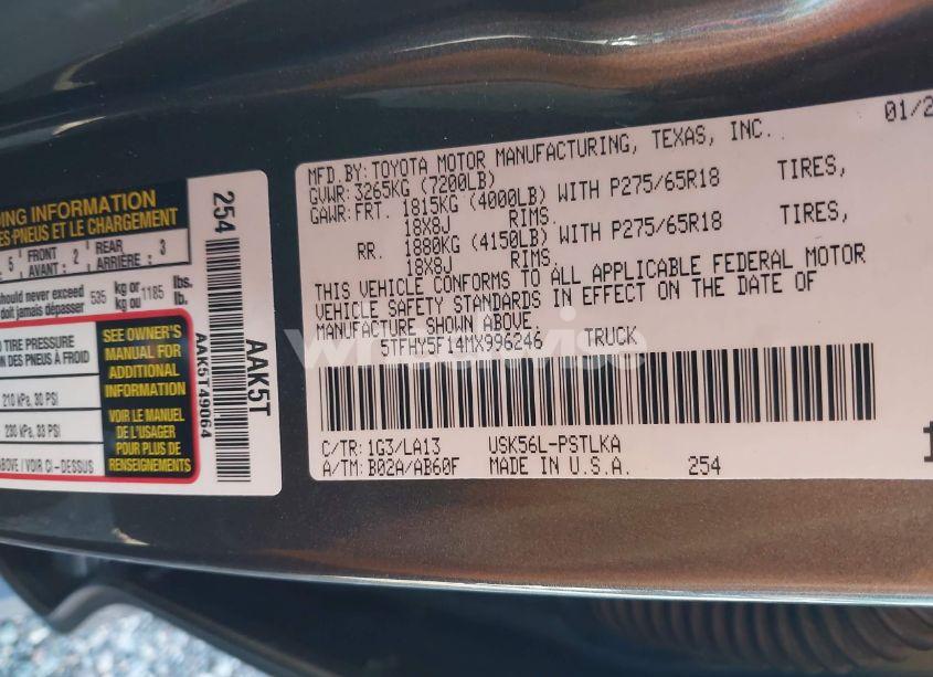 Photo 9 of 2021 Toyota Tundra LIMITED (VIN 5TFHY5F14MX996246)