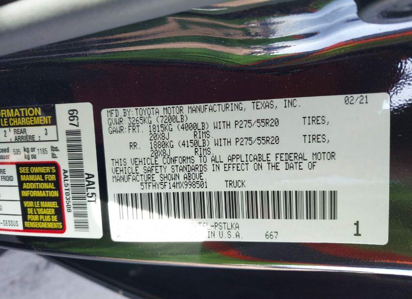 Photo 9 of 2021 Toyota Tundra LIMITED (VIN 5TFHY5F14MX998501)