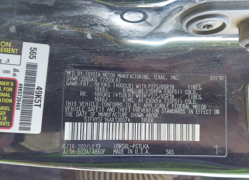 Photo 9 of 2010 Toyota Tundra LIMITED 5.7L V8 (VIN 5TFHY5F16AX130074)