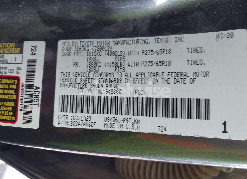 Photo 9 of 2020 Toyota Tundra LIMITED (VIN 5TFHY5F18LX948800)