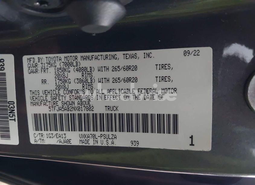 Photo 9 of 2022 Toyota Tundra LIMITED (VIN 5TFJA5AB2NX017802)