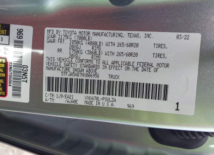 Photo 9 of 2022 Toyota Tundra LIMITED (VIN 5TFJA5AB7NX006956)