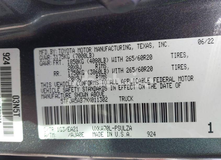 Photo 9 of 2022 Toyota Tundra LIMITED (VIN 5TFJA5AB7NX011302)