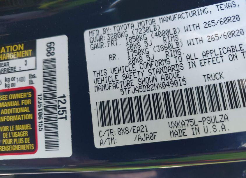 Photo 9 of 2022 Toyota Tundra LIMITED (VIN 5TFJA5DB2NX049015)