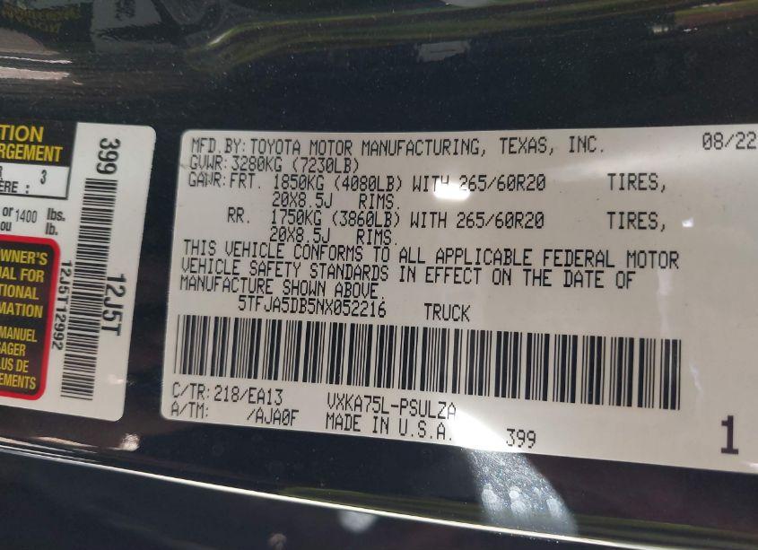 Photo 9 of 2022 Toyota Tundra LIMITED (VIN 5TFJA5DB5NX052216)