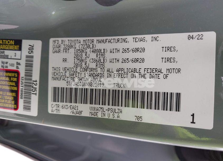 Photo 9 of 2022 Toyota Tundra LIMITED (VIN 5TFJA5DBXNX025819)