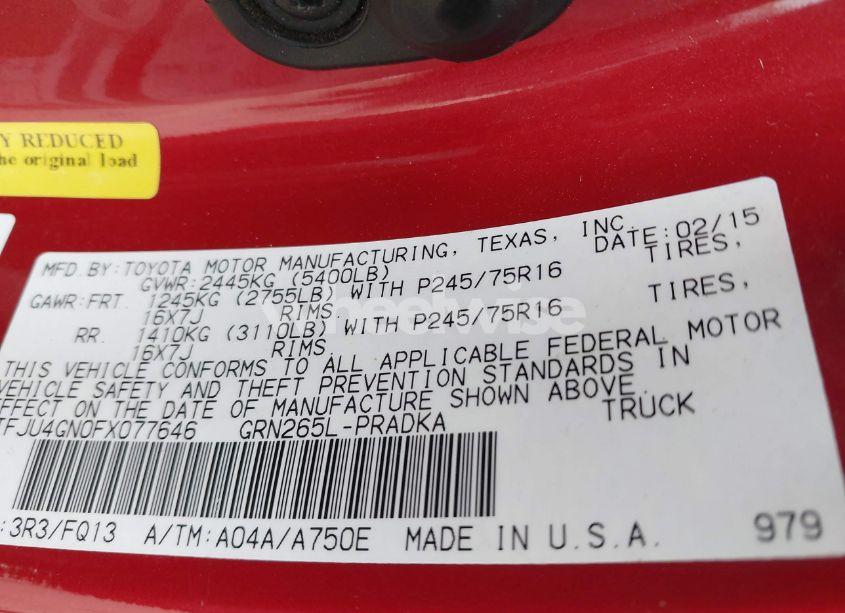 Photo 9 of 2015 Toyota Tacoma PRERUNNER V6 (VIN 5TFJU4GN0FX077646)