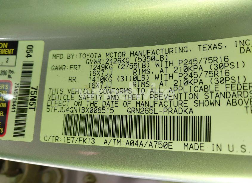 Photo 9 of 2011 Toyota Tacoma PRERUNNER V6 (VIN 5TFJU4GN1BX006515)