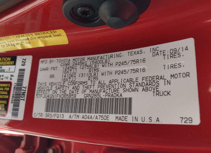 Photo 9 of 2015 Toyota Tacoma PRERUNNER V6 (VIN 5TFJU4GN1FX065859)