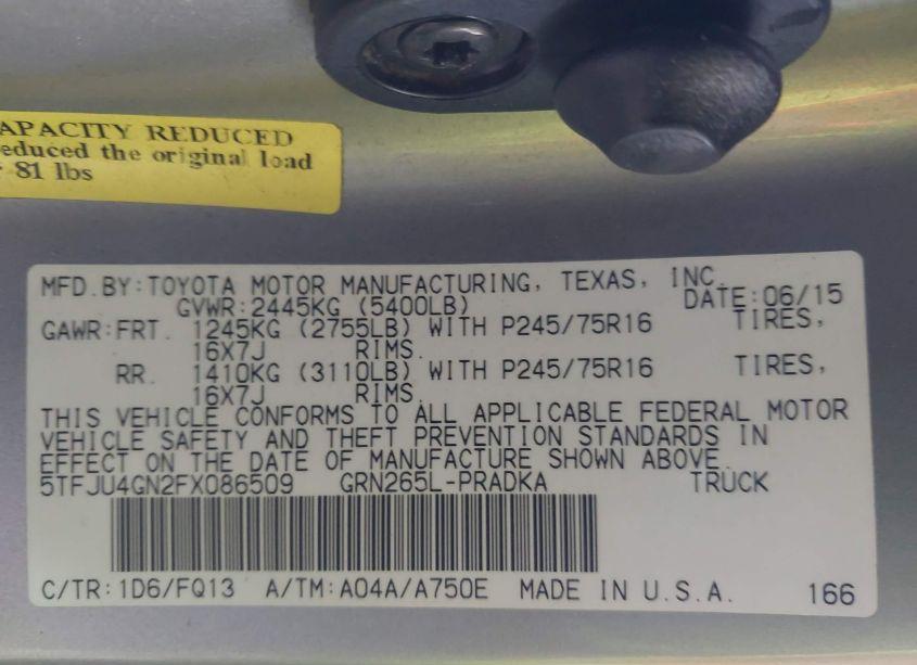 Photo 9 of 2015 Toyota Tacoma PRERUNNER V6 (VIN 5TFJU4GN2FX086509)
