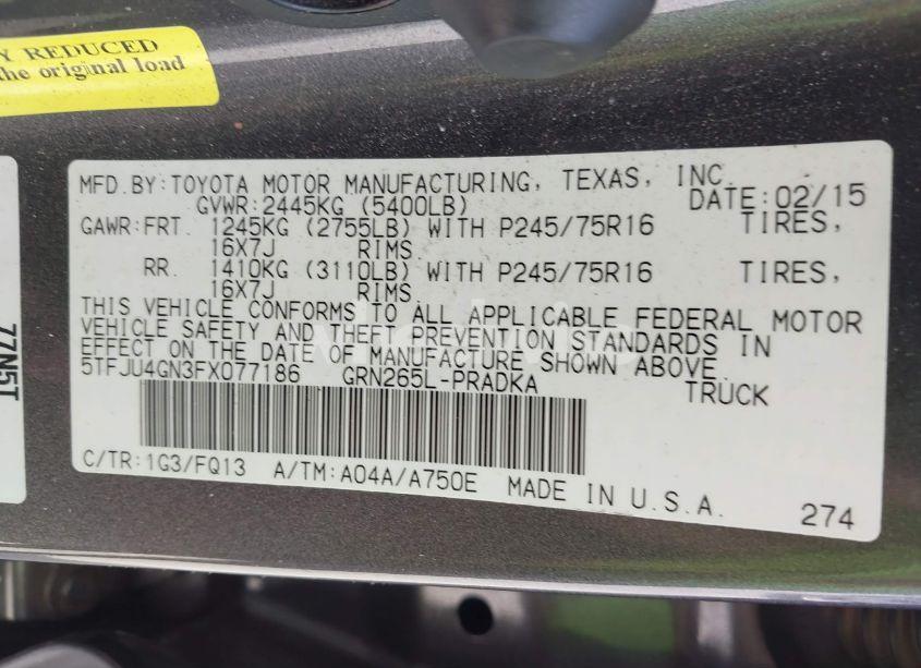 Photo 9 of 2015 Toyota Tacoma PRERUNNER V6 (VIN 5TFJU4GN3FX077186)