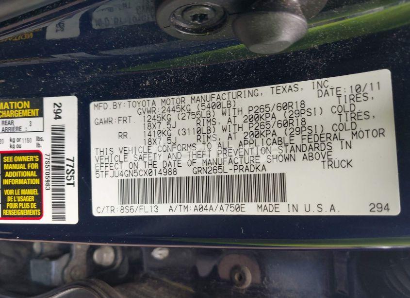 Photo 9 of 2012 Toyota Tacoma PRERUNNER V6 (VIN 5TFJU4GN5CX014988)