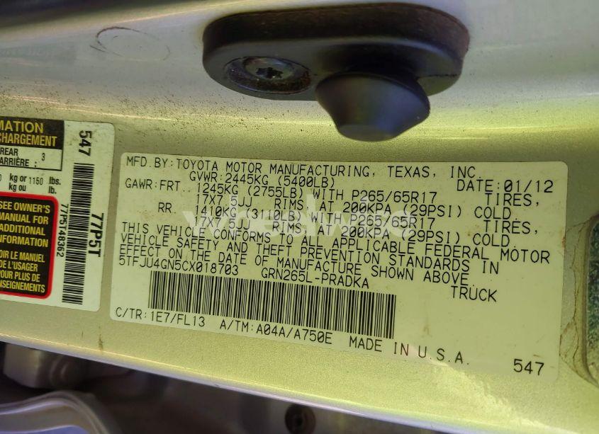 Photo 9 of 2012 Toyota Tacoma DOUBLE CAB PRERUNNER (VIN 5TFJU4GN5CX018703)