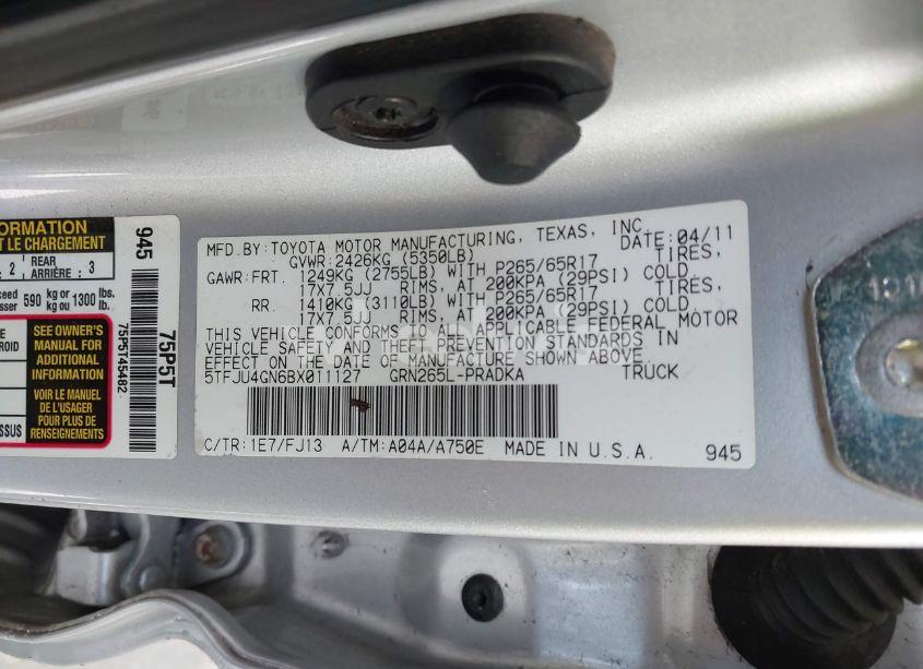Photo 9 of 2011 Toyota Tacoma PRERUNNER V6 (VIN 5TFJU4GN6BX011127)