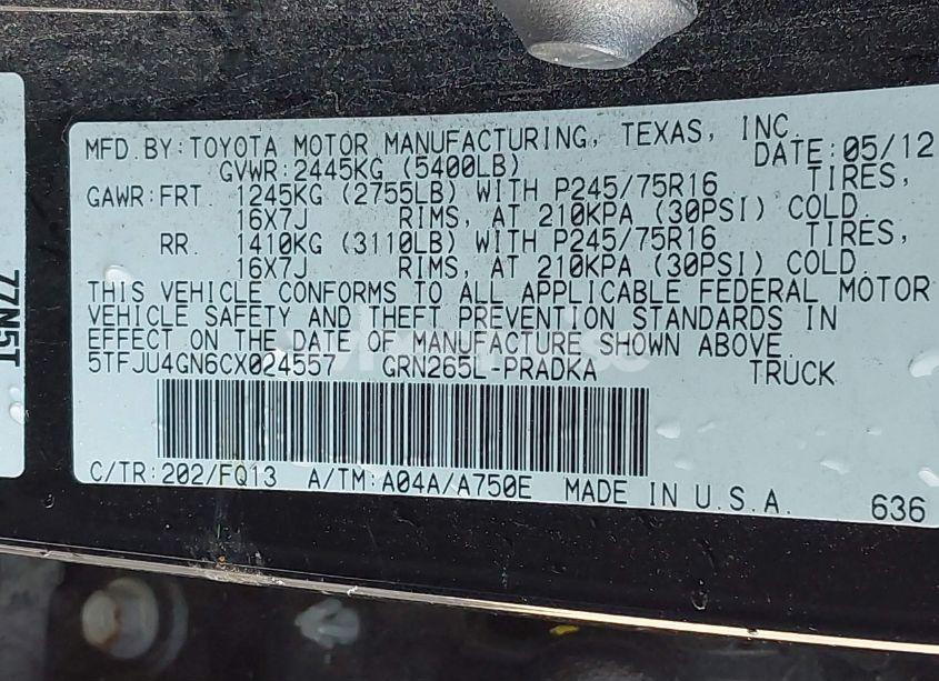 Photo 9 of 2012 Toyota Tacoma DOUBLE CAB PRERUNNER (VIN 5TFJU4GN6CX024557)