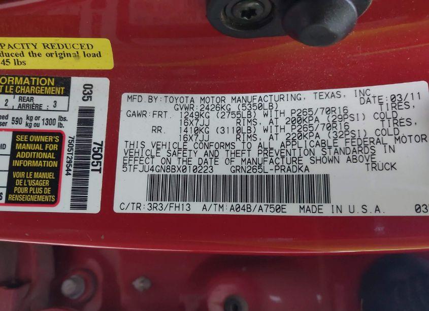 Photo 9 of 2011 Toyota Tacoma DOUBLE CAB PRERUNNER (VIN 5TFJU4GN8BX010223)