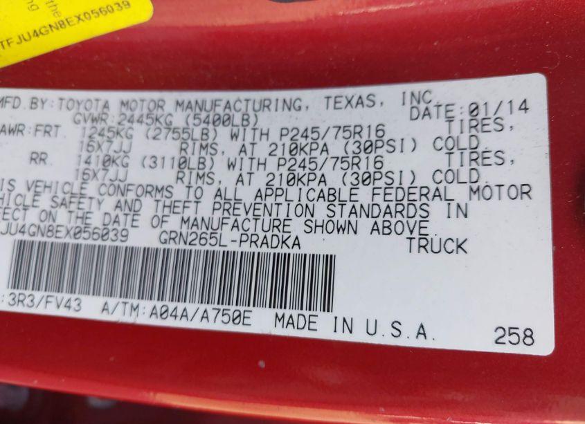 Photo 9 of 2014 Toyota Tacoma PRERUNNER V6 (VIN 5TFJU4GN8EX056039)