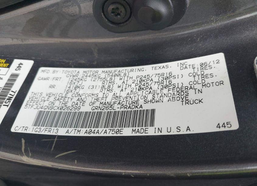 Photo 9 of 2012 Toyota Tacoma PRERUNNER V6 (VIN 5TFJU4GN9CX026299)