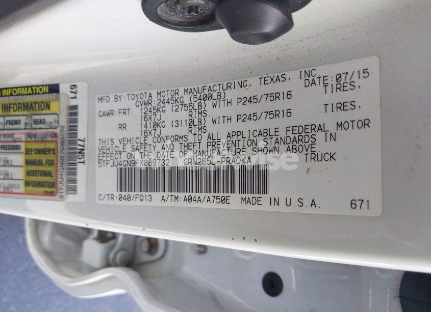 Photo 9 of 2015 Toyota Tacoma PRERUNNER V6 (VIN 5TFJU4GN9FX089732)