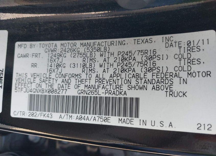 Photo 9 of 2011 Toyota Tacoma DOUBLE CAB PRERUNNER (VIN 5TFJU4GNXBX008277)