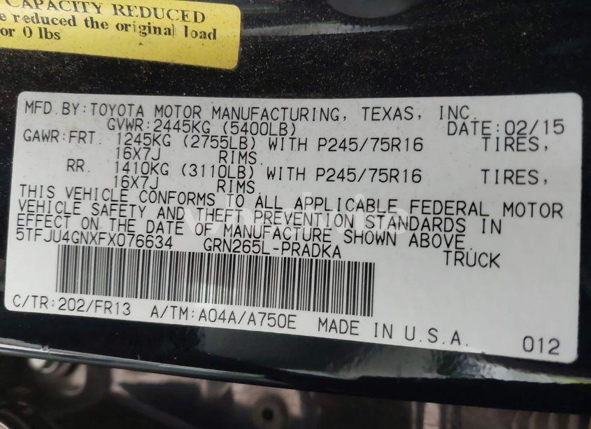 Photo 9 of 2015 Toyota Tacoma PRERUNNER V6 (VIN 5TFJU4GNXFX076634)