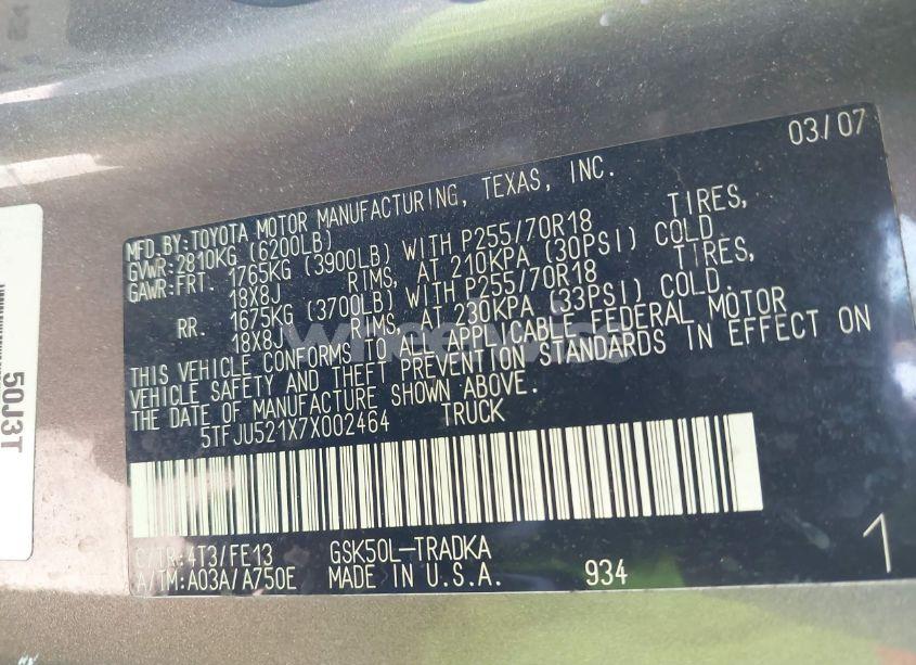 Photo 9 of 2007 Toyota Tundra BASE V6 (VIN 5TFJU521X7X002464)