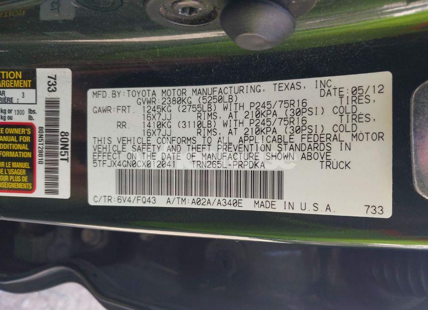 Photo 9 of 2012 Toyota Tacoma PRERUNNER (VIN 5TFJX4GN0CX012041)