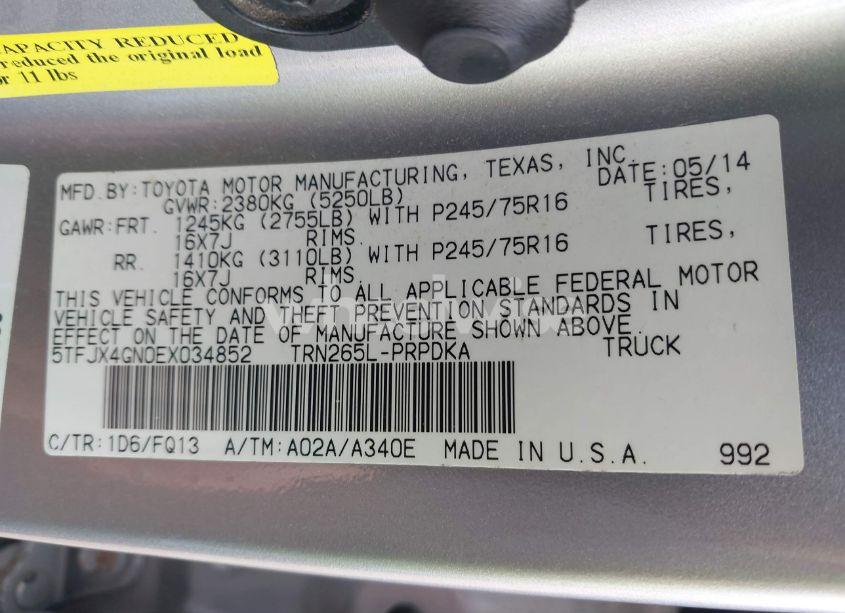 Photo 9 of 2014 Toyota Tacoma PRERUNNER (VIN 5TFJX4GN0EX034852)