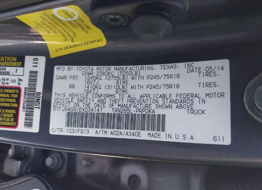 Photo 9 of 2014 Toyota Tacoma PRERUNNER (VIN 5TFJX4GN1EX034147)