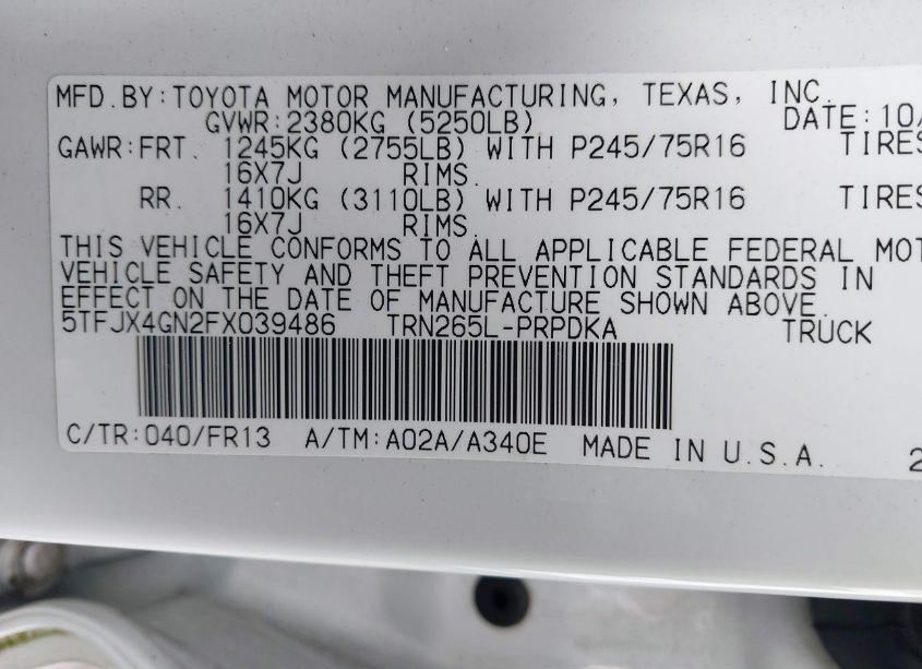 Photo 9 of 2015 Toyota Tacoma PRERUNNER (VIN 5TFJX4GN2FX039486)
