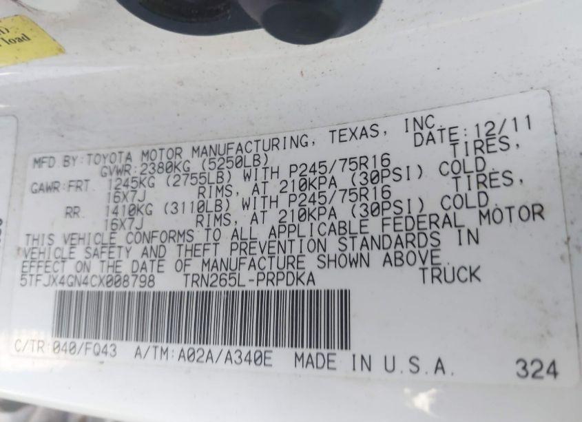 Photo 9 of 2012 Toyota Tacoma DOUBLE CAB (VIN 5TFJX4GN4CX008798)