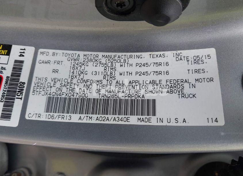 Photo 9 of 2015 Toyota Tacoma PRERUNNER (VIN 5TFJX4GN4FX047900)