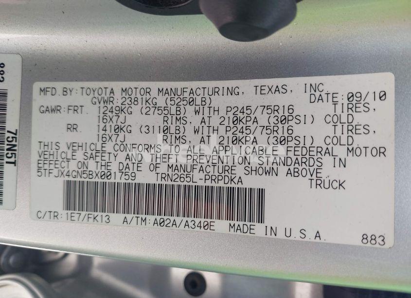 Photo 9 of 2011 Toyota Tacoma DOUBLE CAB (VIN 5TFJX4GN5BX001759)