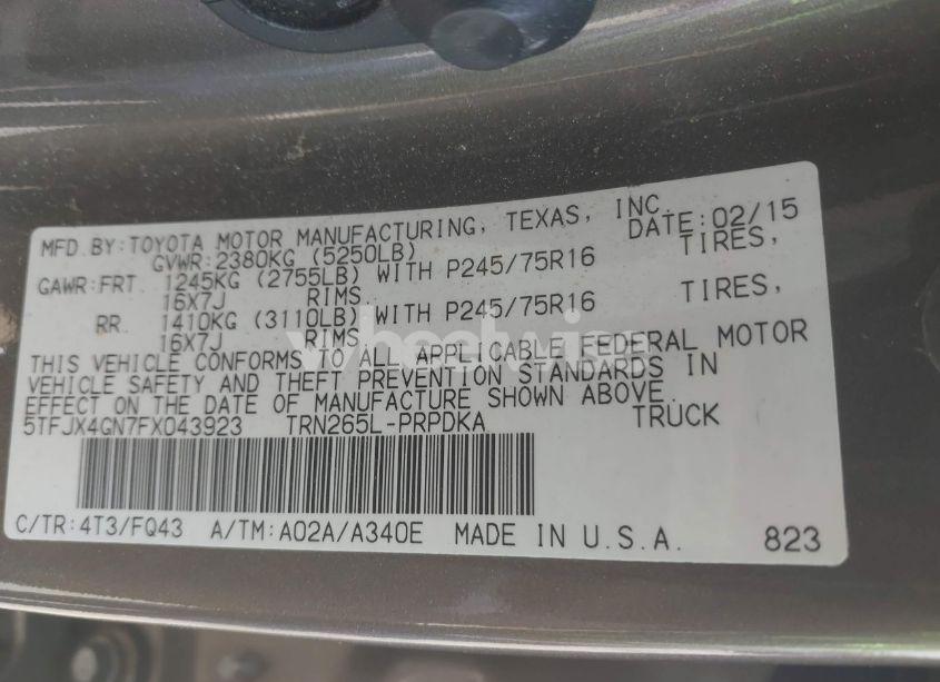 Photo 9 of 2015 Toyota Tacoma PRERUNNER (VIN 5TFJX4GN7FX043923)