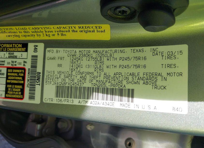 Photo 9 of 2015 Toyota Tacoma PRERUNNER (VIN 5TFJX4GN8FX045437)